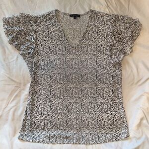 Adrianna Papell White with Black Dots Ruffle Shoulder Blouse